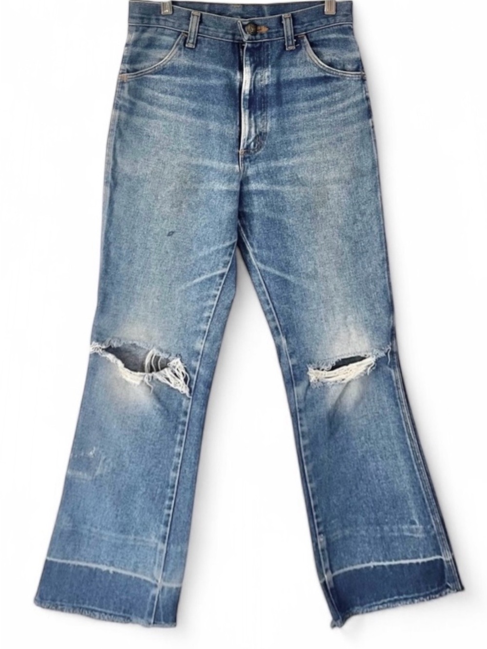 Wrangler Vintage No Fault 70s Distressed Bootcut High Rise Cropped Blue Jeans 28